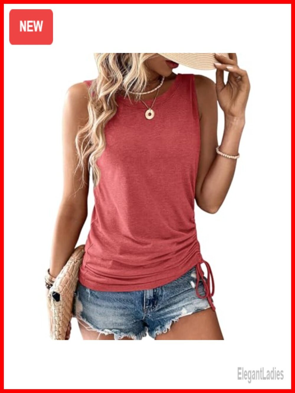 Womens Summer Tank Top Sleeveless Drawstring Side Adjustable Fit Scoop Neck